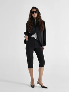KSTM Celana Panjang Model Crop Berpinggang Tinggi dengan Detail Sabuk, Potongan Meruncing, Saku Samping, Celana Capri Slim Fit untuk Kantor, Musim Panas, dan Musim Semi - Hitam - View 2