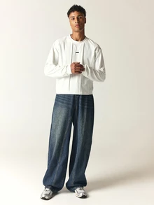 SUMWON Pleated Front Long Sleeve Crop Tee With Logo Patch Crew Neck Relaxed Oversized Fit Casual Everyday Top - White - View 3