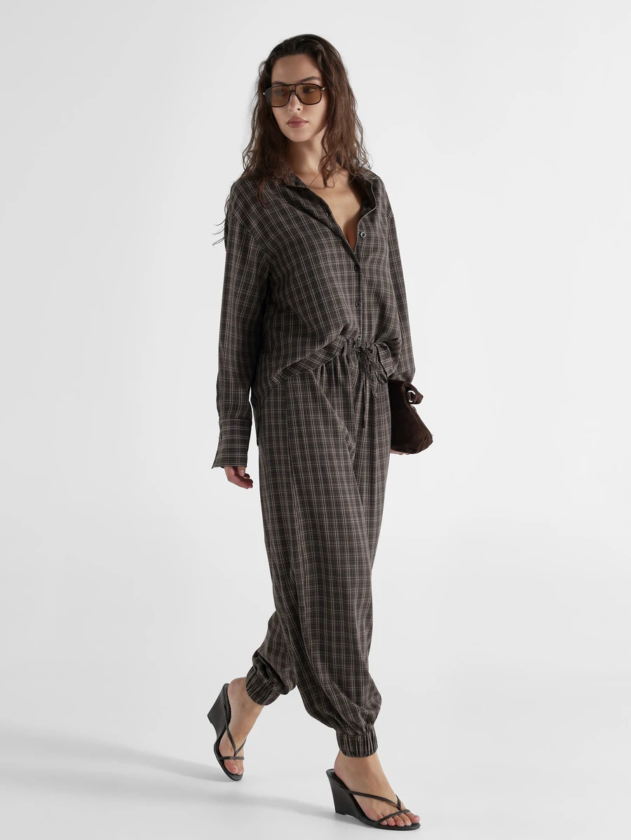 KSTM Plaid Co-Ord Set Oversized Collared Shirt And Tapered Jogger Pants With Elastic Waist Autumn Winter Loungewear Two-Piece Outfit - Multicolor - View 1
