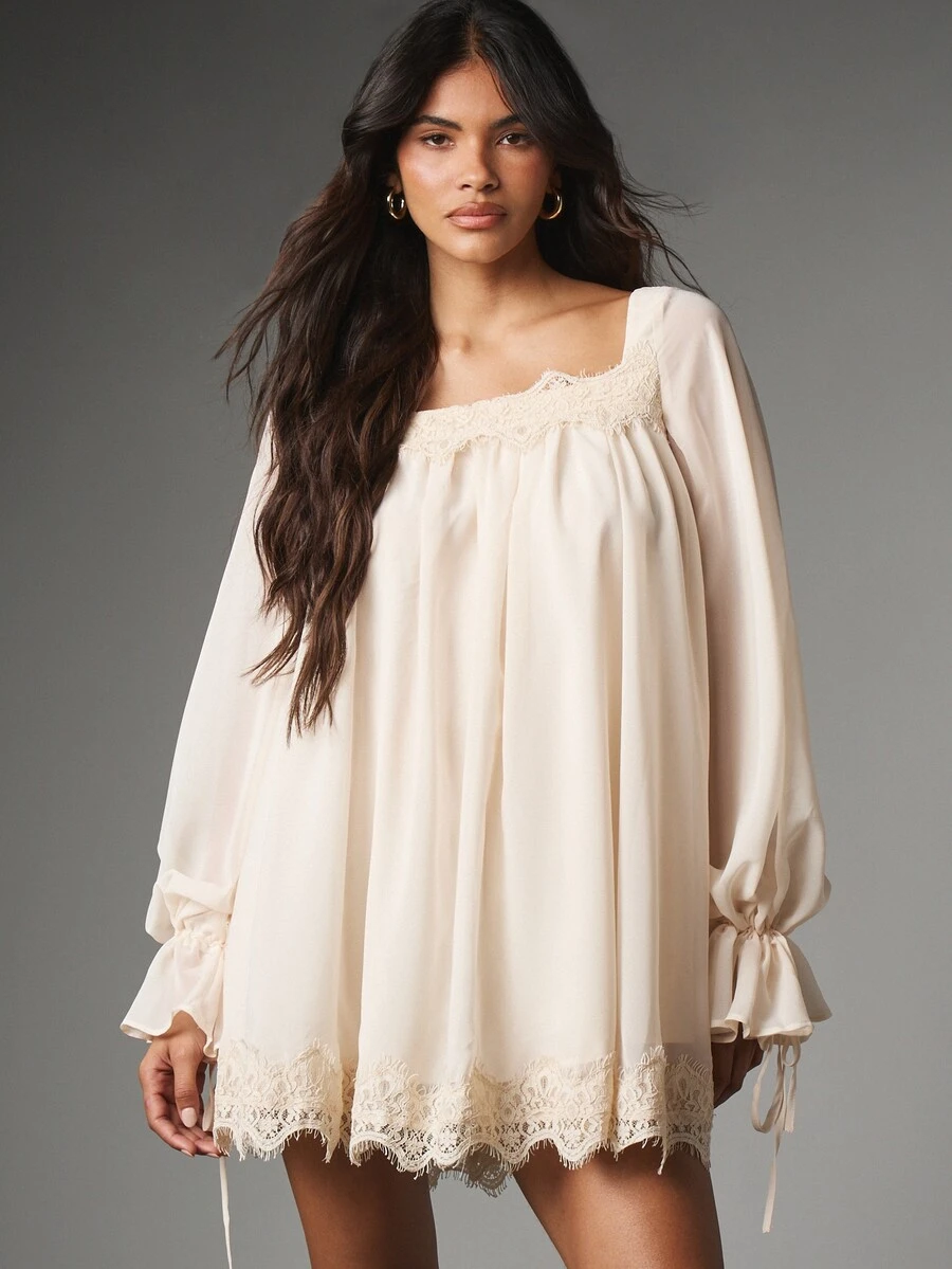 MISSGUIDED Gaun Mini Babydoll dengan Leher Persegi, Hiasan Renda di Bagian Bawah, Lengan Panjang Mengembang, Manset Ikat, Siluet Gaun Longgar, Cocok untuk Musim Semi dan Musim Panas, Acara Pernikahan. - Aprikot - View 1