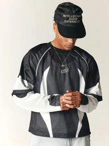 SUMWON Men's Color Block Mesh Long Sleeve Crop Top With Crew Neck Embroidered Logo White Curved Panel Detail Raglan Sleeve Jersey Style - Black and White - View 1