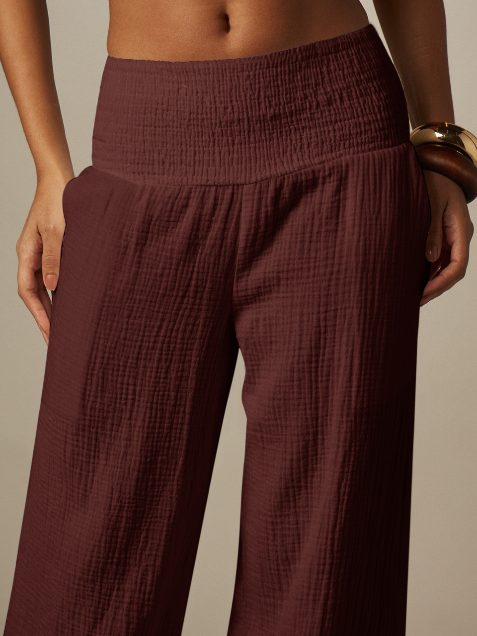 MISSGUIDED Wide Leg Gauze Pants With Smocked High Waist Band And Side Pockets Summer Beach Cover Up Trousers