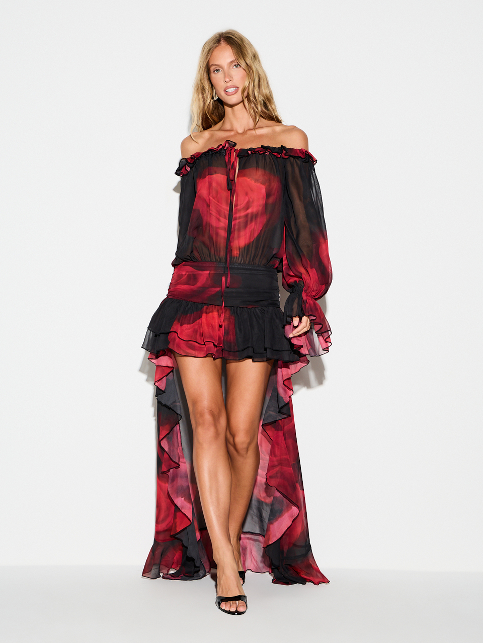 KIZN Off-Shoulder Chiffon Maxi Dress With Ruffle Hem