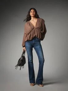MISSGUIDED Plunge V-Neck Ruched Puff Sleeve Chiffon Blouse Draped Open Back Tie Detail Flowy Oversized Crop Top Fall Holiday Party - Brown - View 4