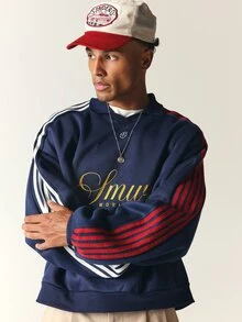 SUMWON Worldwide Oversized Sweatshirt With Collared Neckline Gold Embroidery And Contrast Stripe Sleeves - Navy Blue - View 1