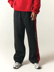 SUMWON Wide Leg Track Pants With Bold Red Side Stripe Detail And Brand Logo Leg Print Elastic Waist Casual Street Style - Black - View 4