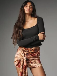 MISSGUIDED Satin Mini Skirt With Front Knot Tie Detail And Asymmetric Draped Panel Mixed Animal And Script Print Summer Festival - Multicolor - View 5