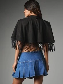 MISSGUIDED Cropped Cape Top With Macrame Fringe Hem And High Neck Perfect For Festival Season And Evening Occasions - Black - View 2