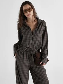 KSTM Plaid Co-Ord Set Oversized Collared Shirt And Tapered Jogger Pants With Elastic Waist Autumn Winter Loungewear Two-Piece Outfit - Multicolor - View 4