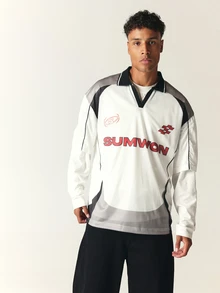 SUMWON Boxy Fit Long Sleeve Mesh Rugby Jersey With V-Neck Collar Black Grey Color Block Panel Design And Bold Front Logo Print - Multicolor - View 4