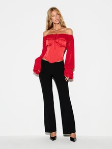KIZN Cold Shoulder Satin Corset Top With Chiffon Ruffle Bell Sleeves Lace-Up Back Tie Front Detail Crop Length Valentine Party - Red - View 3