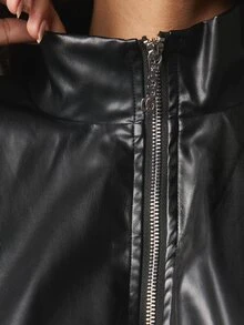 MISSGUIDED Jaket Bomber Oversized Kulit Sintetis dengan Resleting Penuh, Kerah Tegak, Lengan Balon, Manset dan Hem Elastis, Pakaian Luar Musim Gugur/Musim Dingin - Hitam - View 5