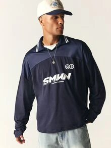 SUMWON Long Sleeve Rugby Collar Shirt With Chest Logo Print And Contrast Stripe Tipping Detail - Blue - View 1