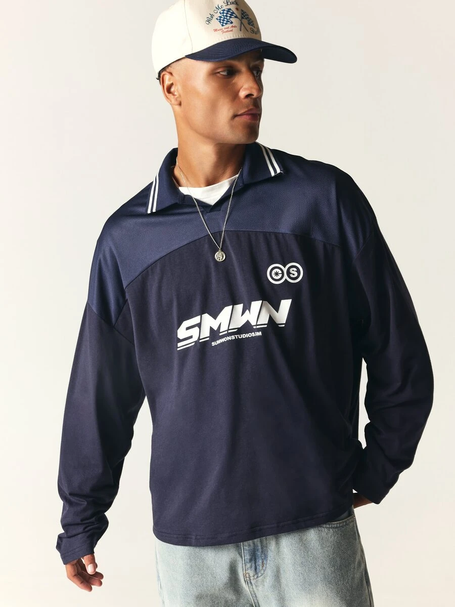 SUMWON Long Sleeve Rugby Collar Shirt With Chest Logo Print And Contrast Stripe Tipping Detail - Blue - View 1