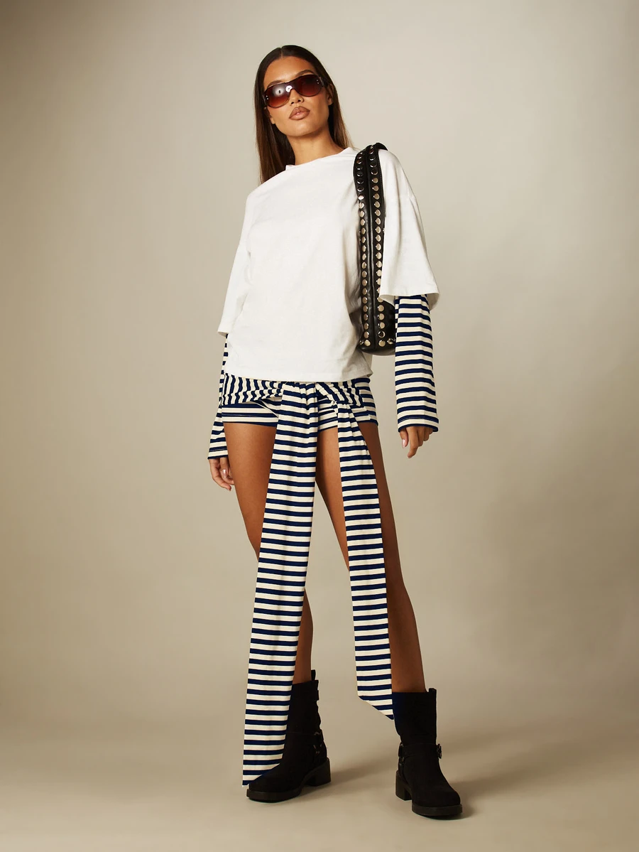MISSGUIDED Striped Micro Mini Shorts With Dramatic Trailing Panel Overlay, Nautical Sailor Style, Festival Summer Statement Piece And Long Sleeve Top - Navy Blue - View 1