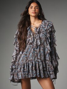 MISSGUIDED Gaun Mini Chiffon Motif Paisley Bohemian dengan Trim Ruffle, Lengan Lonceng, Leher V, Hem Bertingkat dengan Tali Pengikat, Cocok untuk Pesta Festival dan Liburan. - MultiWarna - View 3