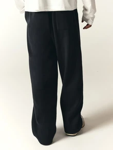 SUMWON Wide Leg Black Sweatpants With Logo Print Drawstring Waist Side Pockets Relaxed Fit Casual Fleece Trousers - Black - View 2