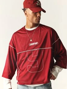 SUMWON Oversized Burgundy Mesh Long Sleeve Jersey Top With Number Graphic And Brand Logo Chest Print Contrast Piping Detail - Red - View 4