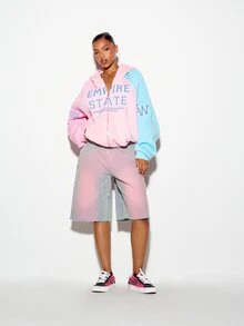 SUMWON WOMEN Empire State Varsity Full-Zip Oversized Hoodie With Color Block Design And Collegiate Graphic Front Print - Multicolor - View 3