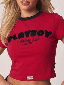 Missguided x Playboy Athletic Club Est. 1953 絨毛標誌短版修身T恤，黑色滾邊領口與短袖 - 紅色和黑色 - 查看 5