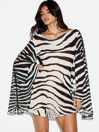 KIZN Zebra Print Chiffon Mini Dress With Cowl Neck Bell Sleeves Open Back Tie Detail Summer Party Festival Season