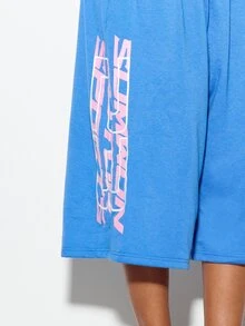 SUMWON WOMEN Celana Pendek Bermuda Fleece Ukuran Besar dengan Logo Cetak Vertikal di Kaki, Pinggang Elastis, Panjang di Bawah Lutut, Kaki Lebar, Gaya Kasual - Biru - View 3