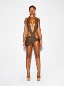 SUMWON WOMEN Deep Plunge Halter Neck Lace Texture Wrap Mini Dress With Cut-Out Sides And Twisted Knot Skirt Detail - Brown - View 3