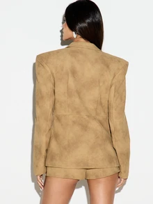 KIZN Faux Suede Blazer With Notch Lapel Strong Shoulder Button Front Flap Pockets Hip Length Tailored Jacket Fall Winter - Khaki - View 3