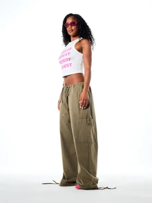 SUMWON Wide Leg Cargo Pants With Elastic Drawstring Waist Ankle Tie Detail And Side Cargo Pockets In Washed Olive - Army Green - View 4