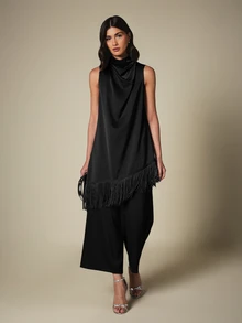 KSTM Sleeveless Satin Tunic Top With Cowl Neck Drape And Asymmetric Fringe Hem Detail For Evening Party Occasion - Black - View 3