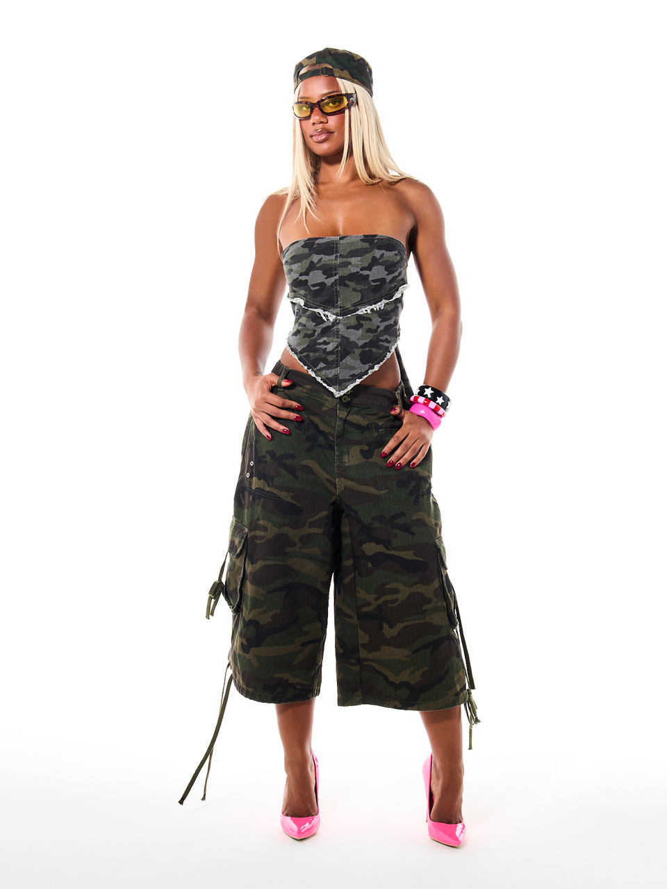 Camouflage Cargo Cropped Wide Leg Pants With Side Cargo Pockets Metal Eyelets And Tie Detail For Summer Festival Street Style