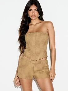 KIZN High Rise Suede Mini Shorts With Side Pockets And Zip Fly Detail Perfect For Summer Nights And Festival Season - Khaki - View 6