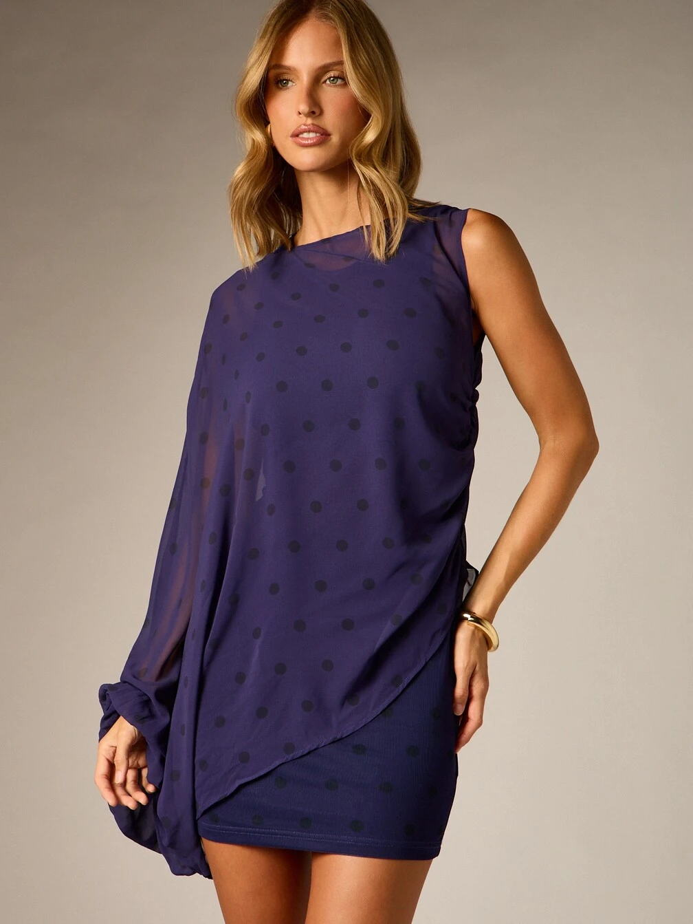 AiiRZ Polka Dot Mini Dress With Sheer Cape Overlay Batwing Sleeveless Shift Silhouette Boat Neck Party Evening Holiday,XS