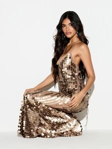KIZN Large Disc Paillette Sequin Dress With Deep V-Neck Lace-Up Open Back And Mermaid Flared Hem For Party NYE - Gold - View 2