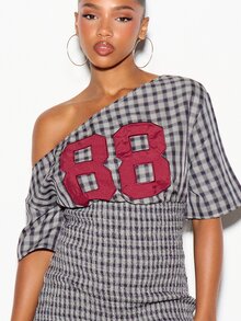 SUMWON WOMEN Checked Plaid One-Shoulder Mini Dress With Varsity 88 Applique And Smocked Waist - Casual Party Summer Festival Style - Multicolor - View 2
