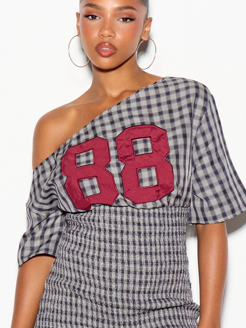 SUMWON WOMEN Checked Plaid One-Shoulder Mini Dress With Varsity 88 Applique And Smocked Waist - Casual Party Summer Festival Style