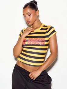 SUMWON WOMEN Six Degrees Of Slogan Crop Top Striped Cap Sleeve Crew Neck Fitted Slim Fit Tee Summer Festival Style - Yellow - View 4