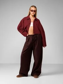 MISSGUIDED Oversized Cropped Houndstooth Jacket With Point Collar Button Front Long Balloon Sleeves Fall Winter Outerwear - Red - View 3