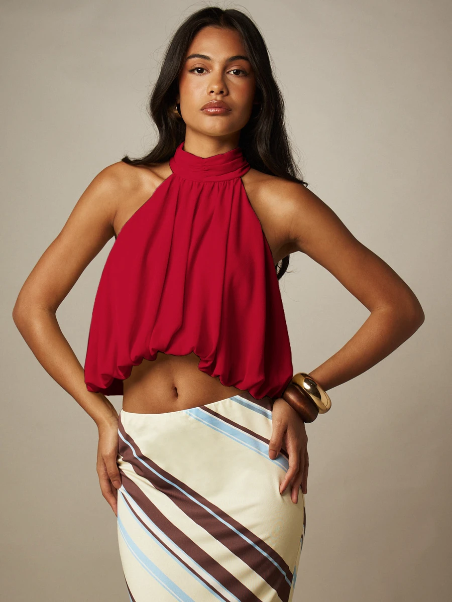MISSGUIDED Halter Neck Crop Top With Gathered Drape Open Back And Bubble Hem Summer Party Night Out Vacation Top - Red - View 1