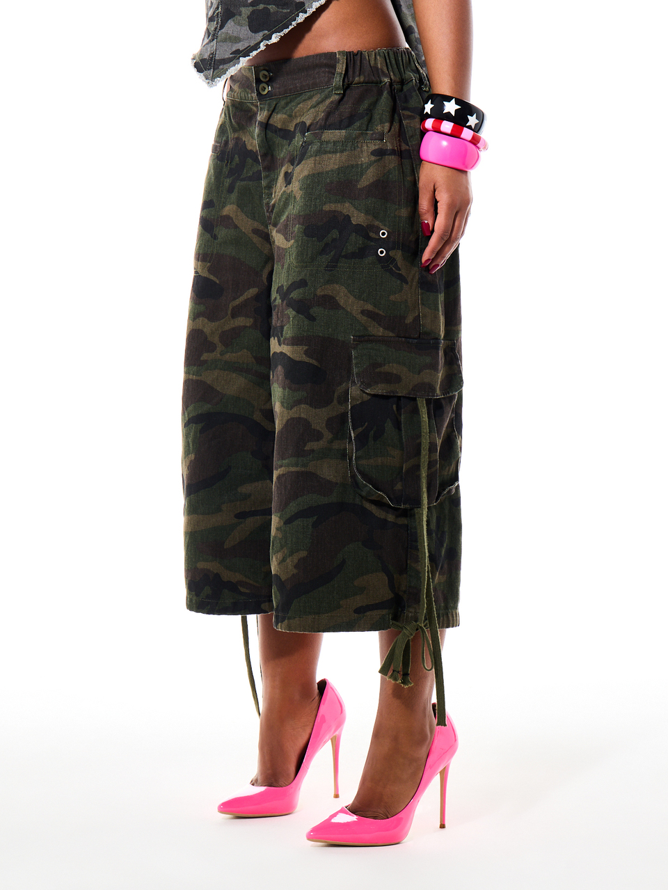 Camouflage Cargo Cropped Wide Leg Pants With Side Cargo Pockets Metal Eyelets And Tie Detail For Summer Festival Street Style