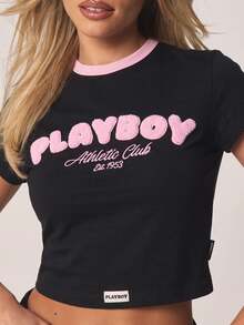 Missguided x Playboy Athletic Club Est 1953 絨毛標誌短版修身 T-shirt，粉色對比滾邊領口，短袖 - 黑色 - 查看 5