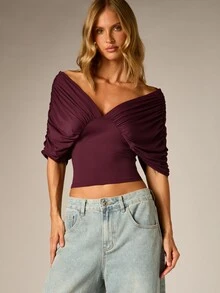AiiRZ Off-Shoulder Ruched Sleeve Crop Blouse With V-Neck And Draped Detail Perfect For Date Night And Fall Winter Occasions - Burgundy - View 1