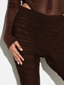 KIZN Legging Jala Berkerut Pinggang Tinggi dengan Detail Belahan di Pergelangan Kaki, Panjang Penuh, Potongan Ketat, Model Stirrup, untuk Pesta Musim Gugur dan Musim Dingin - Coffee Brown - View 4