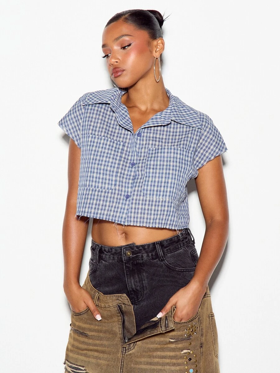 SUMWON WOMEN Boxy Fit Plaid Cropped Button-Down Shirt With Collared Neck Cap Sleeve And Raw Hem Edge Summer Casual Chic Top - Blue - View 1