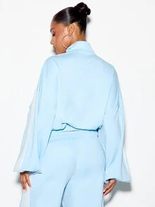SUMWON WOMEN Crop Fit Oversized Track Top Full Zip Long Sleeve With White Stripe Detail And Logo Print Retro Style Casual Jacket - Blue - View 5