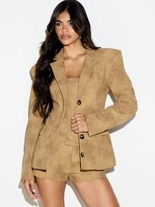 KIZN Faux Suede Blazer With Notch Lapel Strong Shoulder Button Front Flap Pockets Hip Length Tailored Jacket Fall Winter - Khaki - View 1