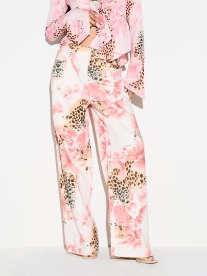 KIZN Floral Leopard Mixed Animal Print Wide Leg Palazzo Trousers Full Length High Waist Summer Festival Vacation Holiday Casual Pants