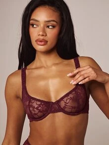 MISSGUIDED 花卉蕾絲鋼圈半罩式胸罩，圓領低胸設計，透視罩杯，可調節式肩帶，後背鉤扣式扣合 - 酒紅色 - 查看 4