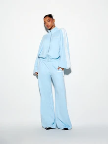 SUMWON WOMEN Crop Fit Oversized Track Top Full Zip Long Sleeve With White Stripe Detail And Logo Print Retro Style Casual Jacket - Blue - View 3