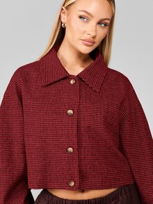 MISSGUIDED Oversized Cropped Houndstooth Jacket With Point Collar Button Front Long Balloon Sleeves Fall Winter Outerwear - Red - View 4
